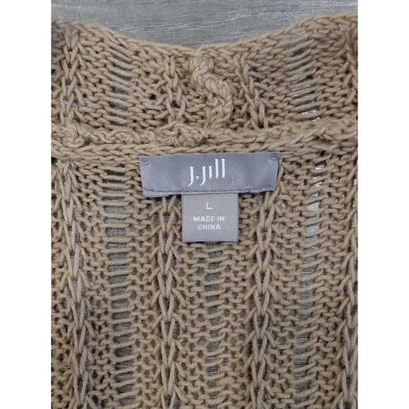 J. Jill Cotton Linen Open Front Cardigan Lg Tan Loose Knit Long Sleeves Pockets - Picture 4 of 10